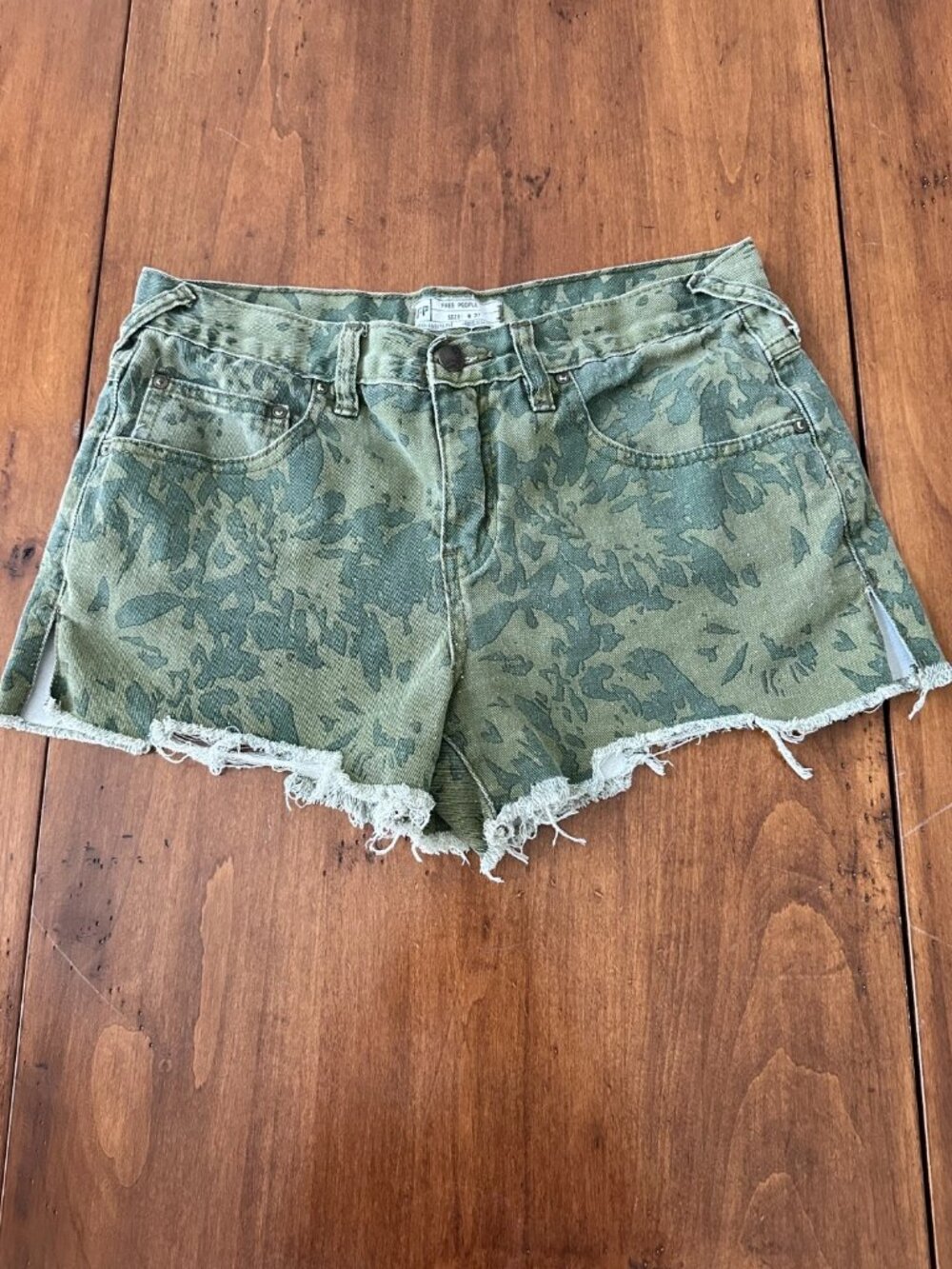 Free People Womens 27 Camo Denim Cutoff Shorts Frayed Distressed Grunge
